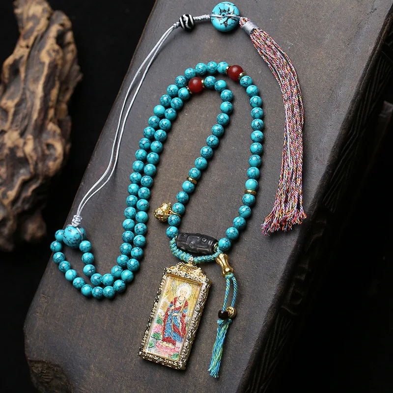 Tibetan cultural relic, Tibetan King Bodhisattva, Tangka Buddha pendant, collarbone chain, nine eyed sky bead,turquoise necklace