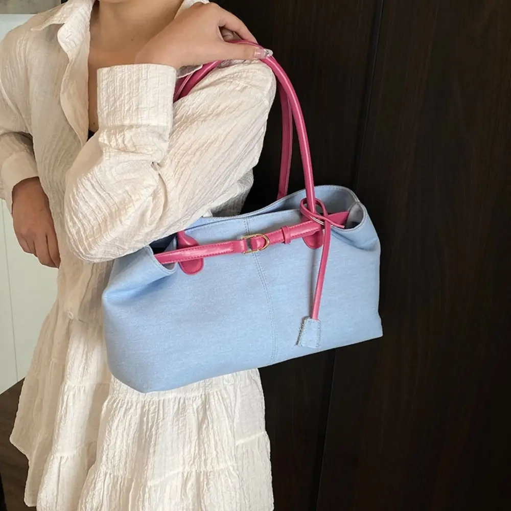

Fashionable Hasp Closure Denim Shoulder Bag Elegant Patchwork Color Vintage Armpit Bag PU Chic Casual Tote Bag Streetwear