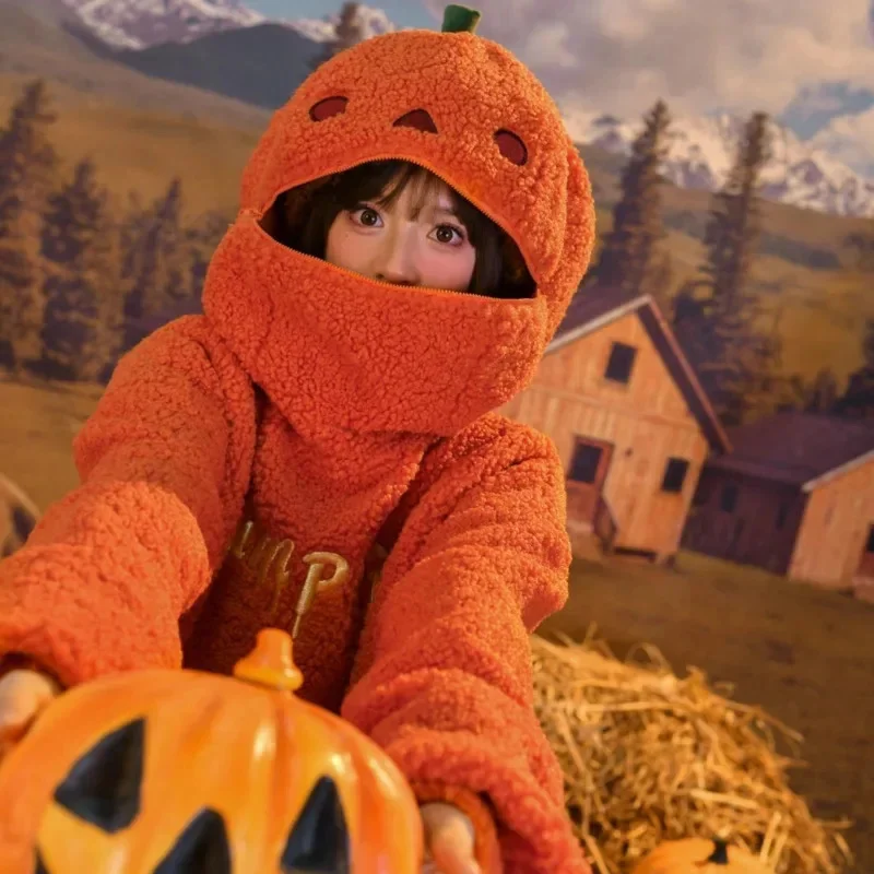 Sweat-shirt d'Halloween Chaud et Mignon avec Tête de Citrouille, Veste en Peluche d'Agneau, Sweat à Capuche Décoré, Vêtements d'Hiver, Automne