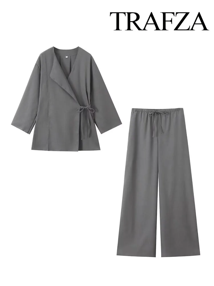 TRAFZA 2024 Spring Women Fashion Linen Suits New Solid Cardigan Kimono Top + Versatile Outerwear Female Wide Leg Long Pant