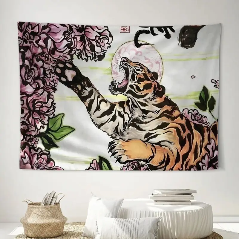 VIKAMA New China-Chic Ink Peony Tiger Tapestry, Traditional Wall Hanging for Chaoren Style Room Decoration