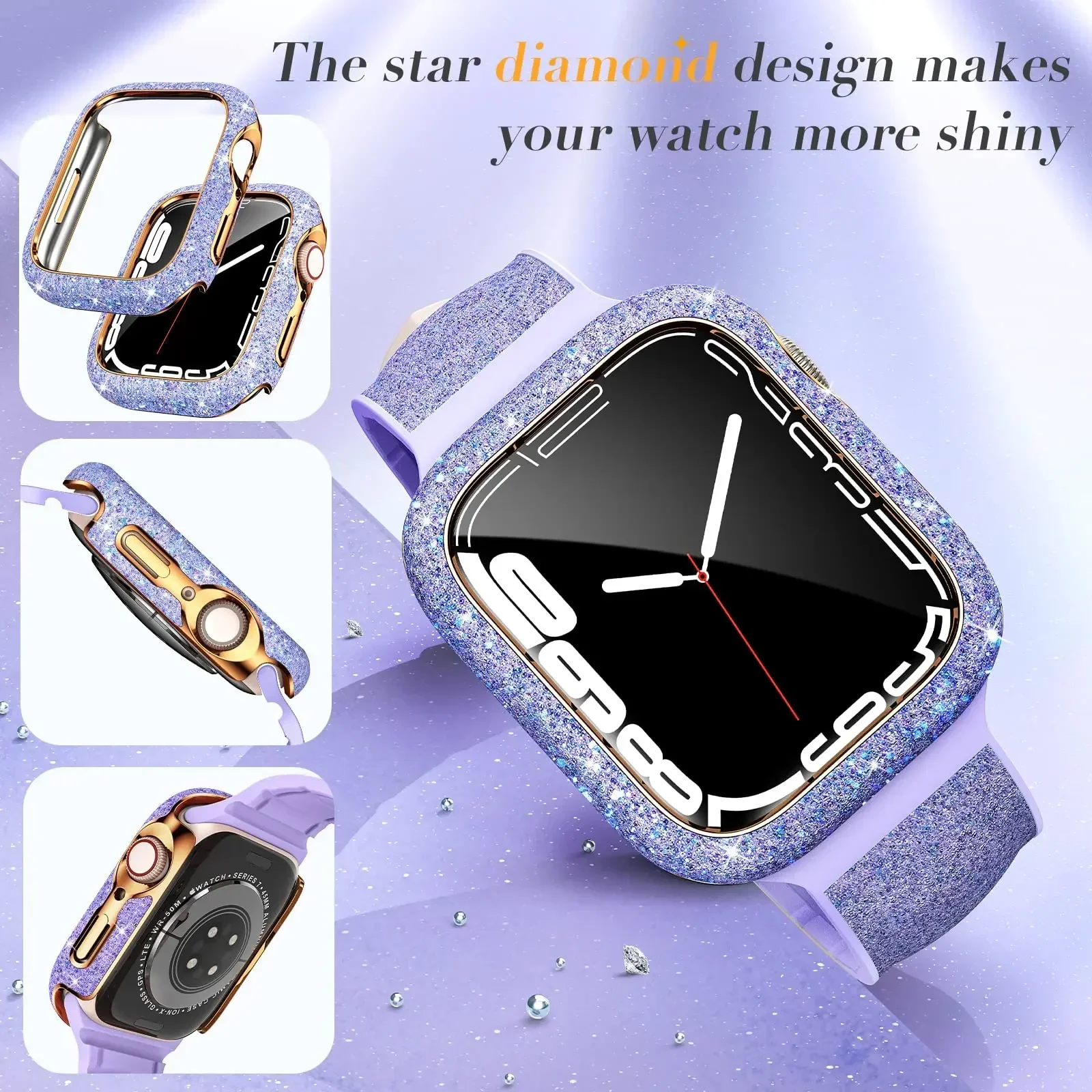 Diamond Cover for Apple Watch Case 45mm 41mm 44mm 40mm Bling Bumper Screen Protector for Apple Watch Series 9 8 7 4 5 6 Se Shell