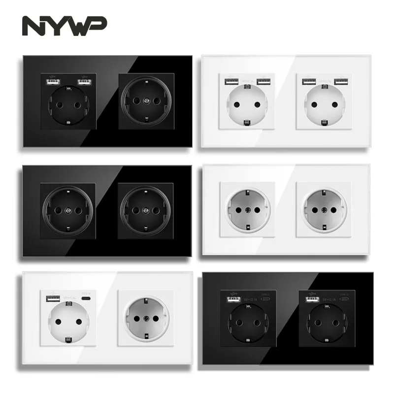 NYWP wall-mounted glass panel 16A power socket, EU standard multi-plug, with 2 USB charging ports, With waterproof cover