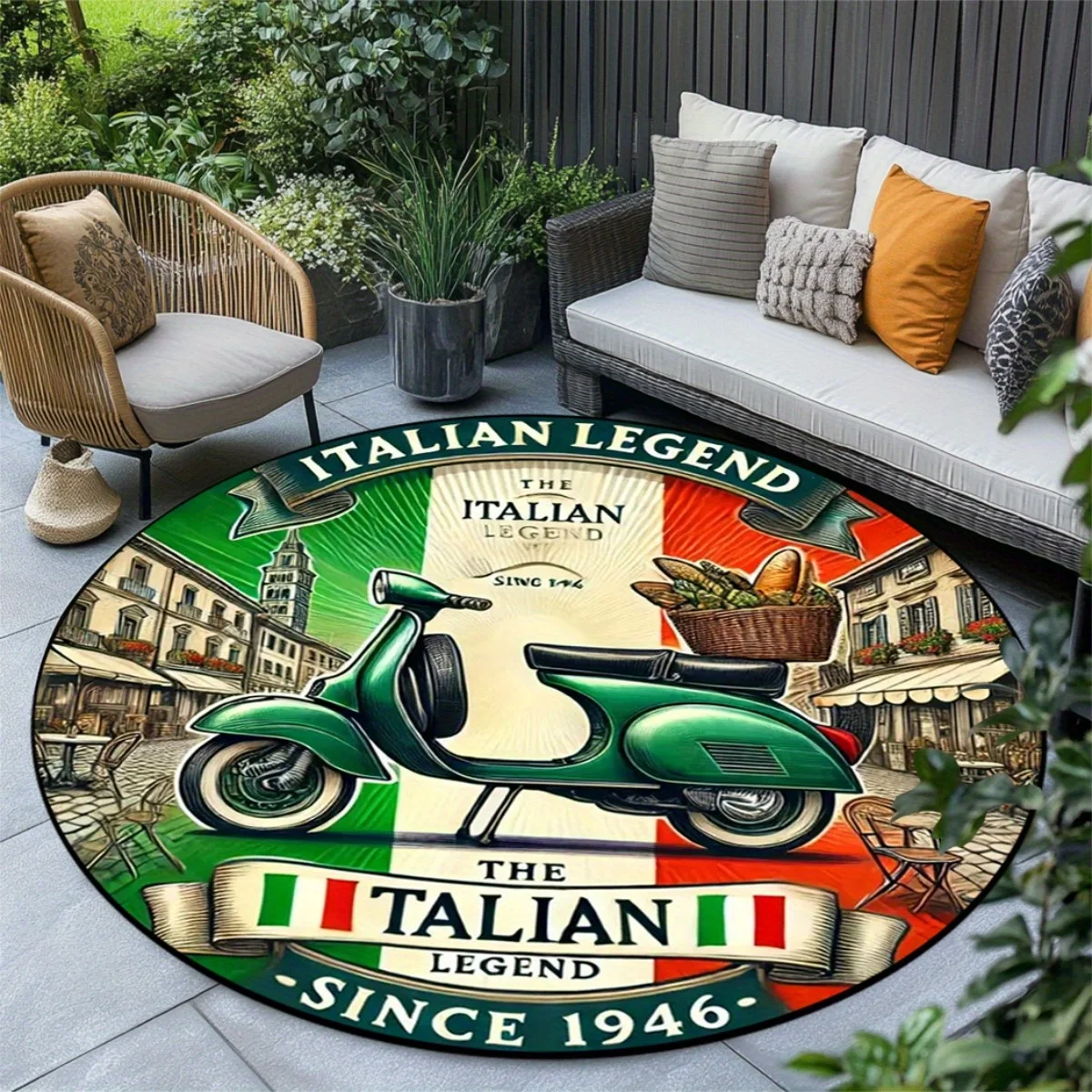 

1pc Italian Legend Scooter Design Round Rug, Perfect for Outdoor Courtyards, Living Rooms, Bedrooms, Or Dining Areas, Featuring
