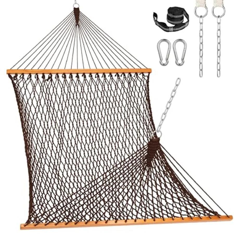 

Double Rope Hammock 2 Person Traditional Outdoor Hand Woven Cotton Rope Hammock with Spreader Bar Carabiners Tree Straps Chains