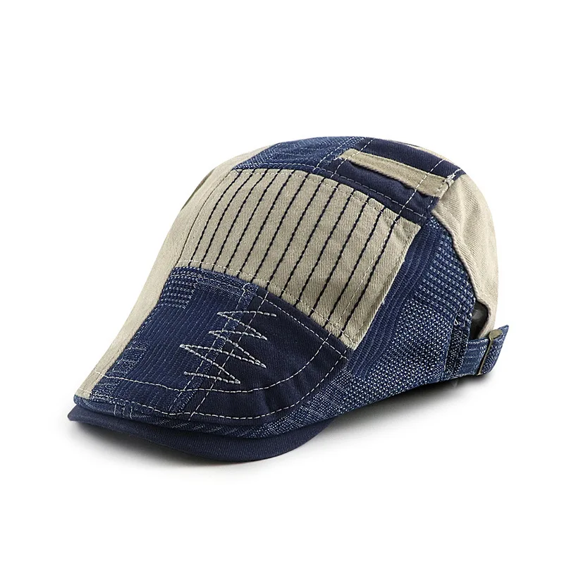 

2024 Spring New Original Niche Heavy Denim Stitching Contrast Color Peaked Cap Men And Women Personality Beret