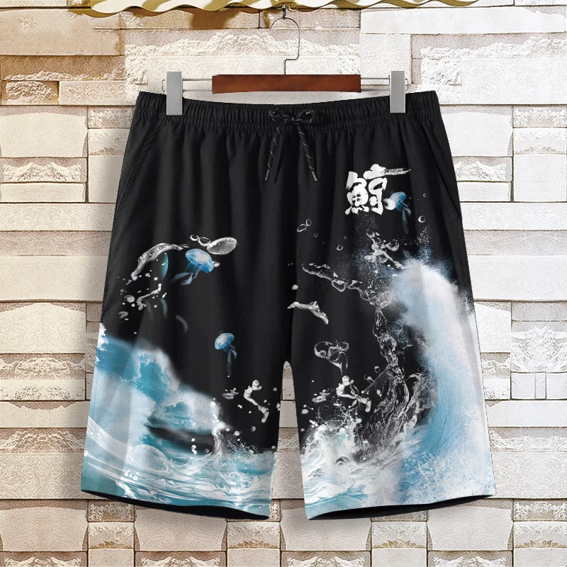 

Мужские рта с принтом, летние пляжные спортивные кроссовки для фитнеса, повседневные баскетбольные брюки длиной пять четвертей, модные свободные молодежные брюки