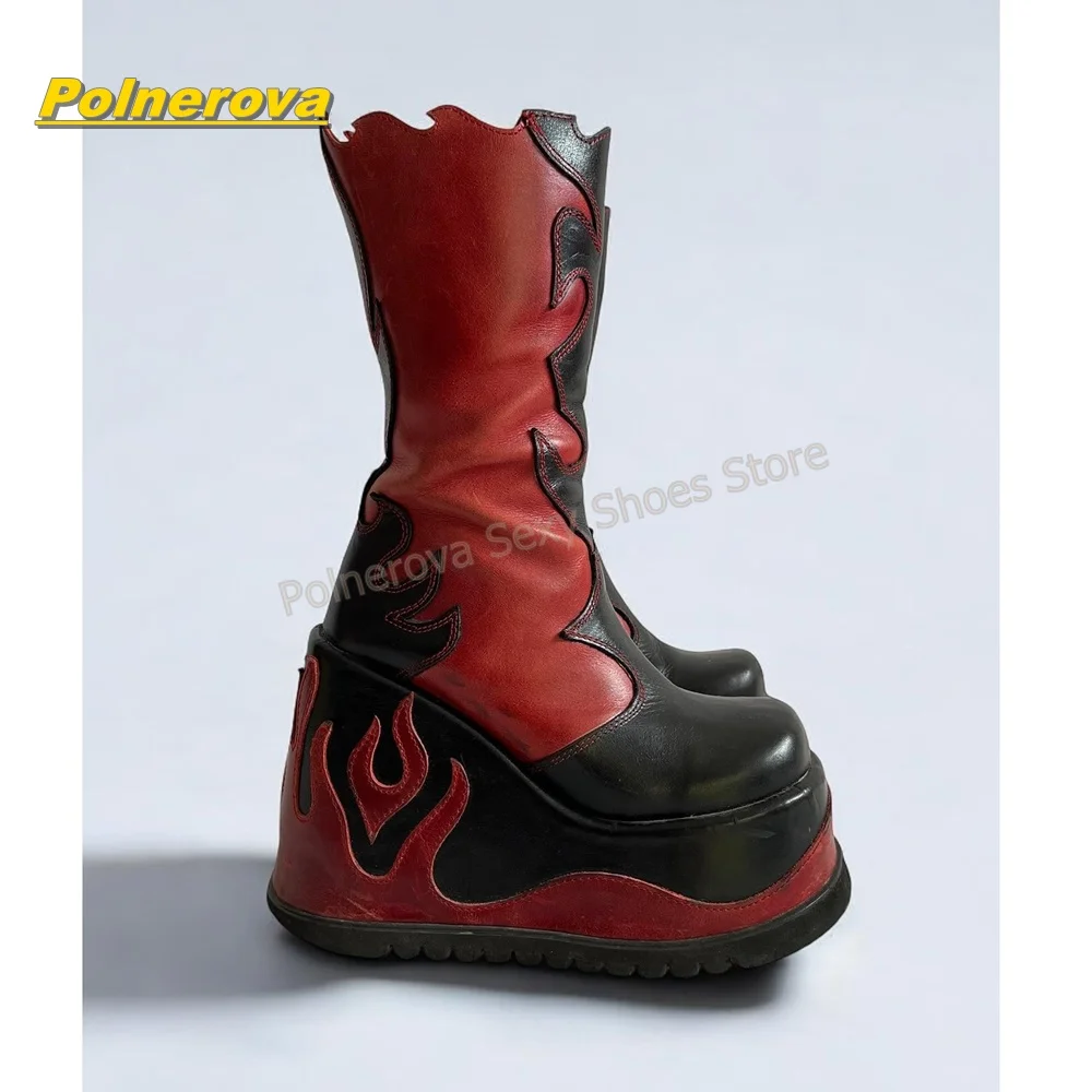 Red Black Flame Patchwork Boots Round Toe Wedge Platform Side Zip Gothic Punk Y2K Knee High Boots Couple Festival Alt Rock 2026