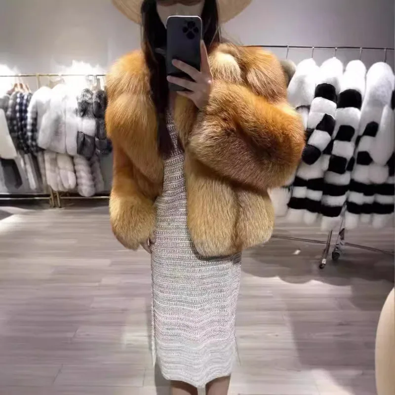 Sy2024 Winter Fashion Faux Fur Faux Red Fox Fox Turf Coat Damska średniej długości luźna kurtka termiczna Ciepły luźny płaszcz dla kobiet