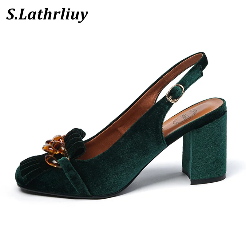 

Summer Retro Round Toe Tassels Sandals Women's High Heels Buckle Strap Sandalias Chunky Heels Single Shoes Party Dress Shoes