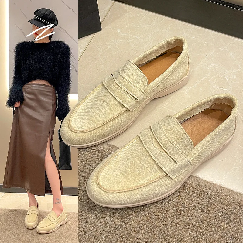 Koreaanse Schoenen Vrouwen Ronde Neus Loafers Met Bont Casual Vrouwelijke Sneakers 2025, Mocassin Nieuwe Slip-on Leisure Lace-Up Flock Naaien Soli