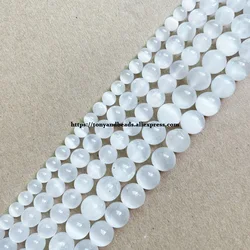 Genuine Semi-precious Natural AA Quality White Selenite Clear Cat Eye Gypsum Stone Round Loose Beads 15