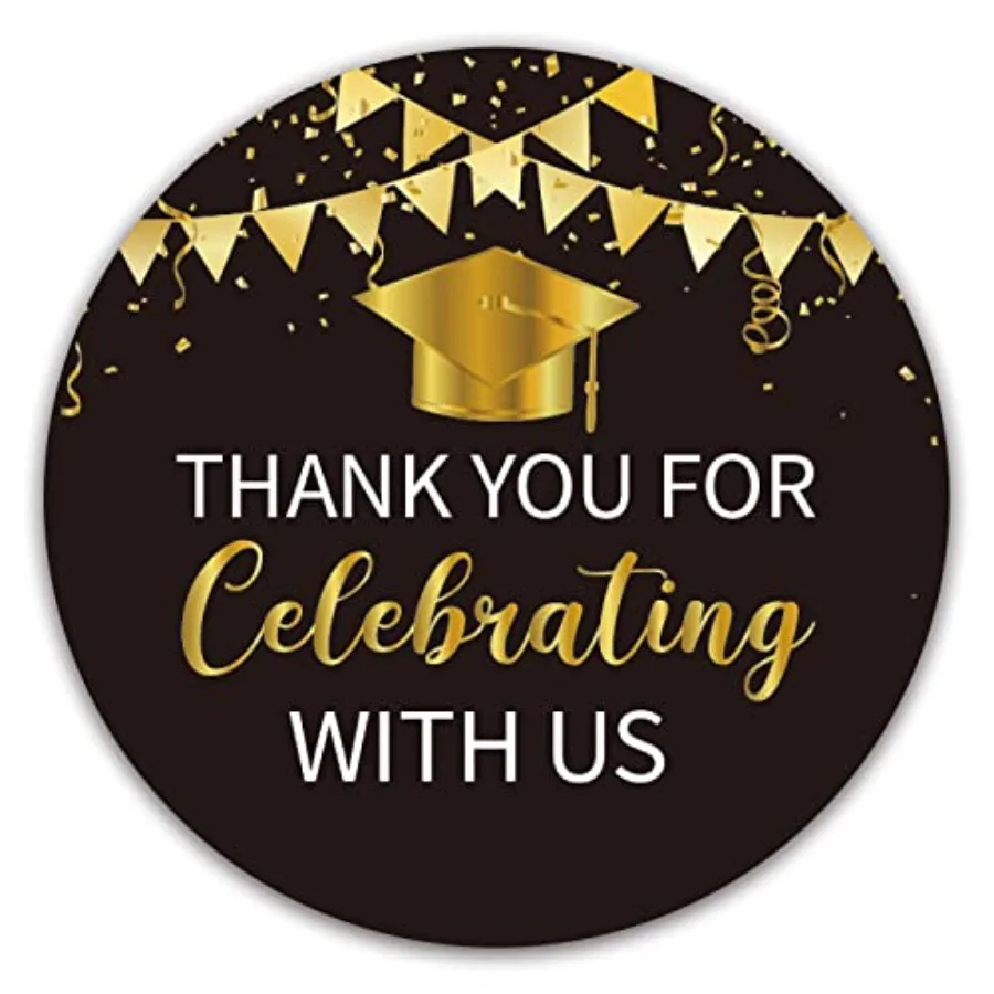 

2" Black and Gold Graduation Thank You Stickers 50 Congrats Grad Party Round Favor Sticker Labels.
