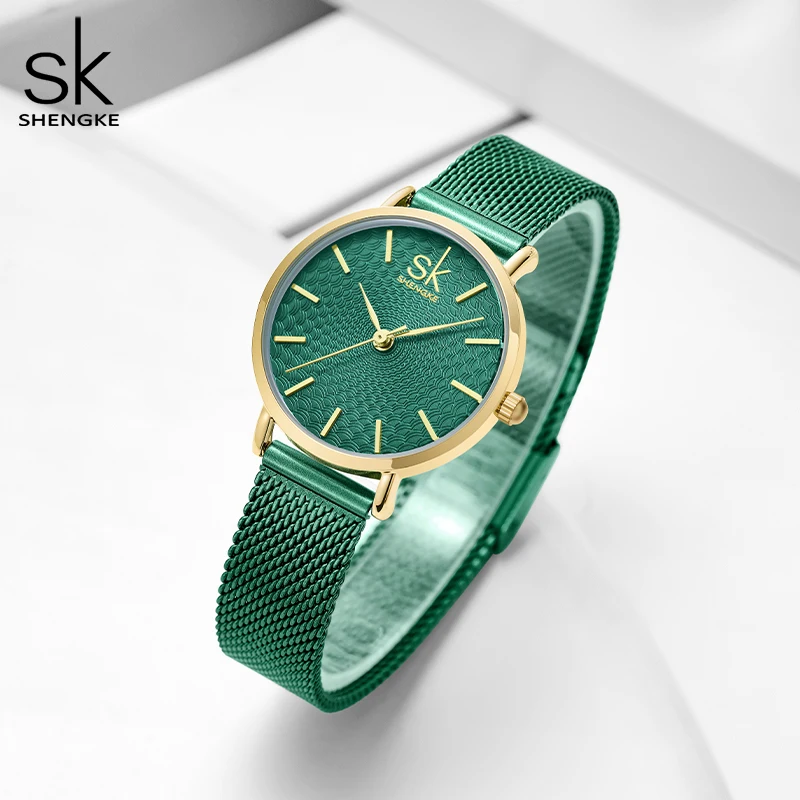 Shengke Watch For Women Special Green Dial Fashion Montre Femme Japanese Quartz Movement Ladies Watches Slim Adjustable Band