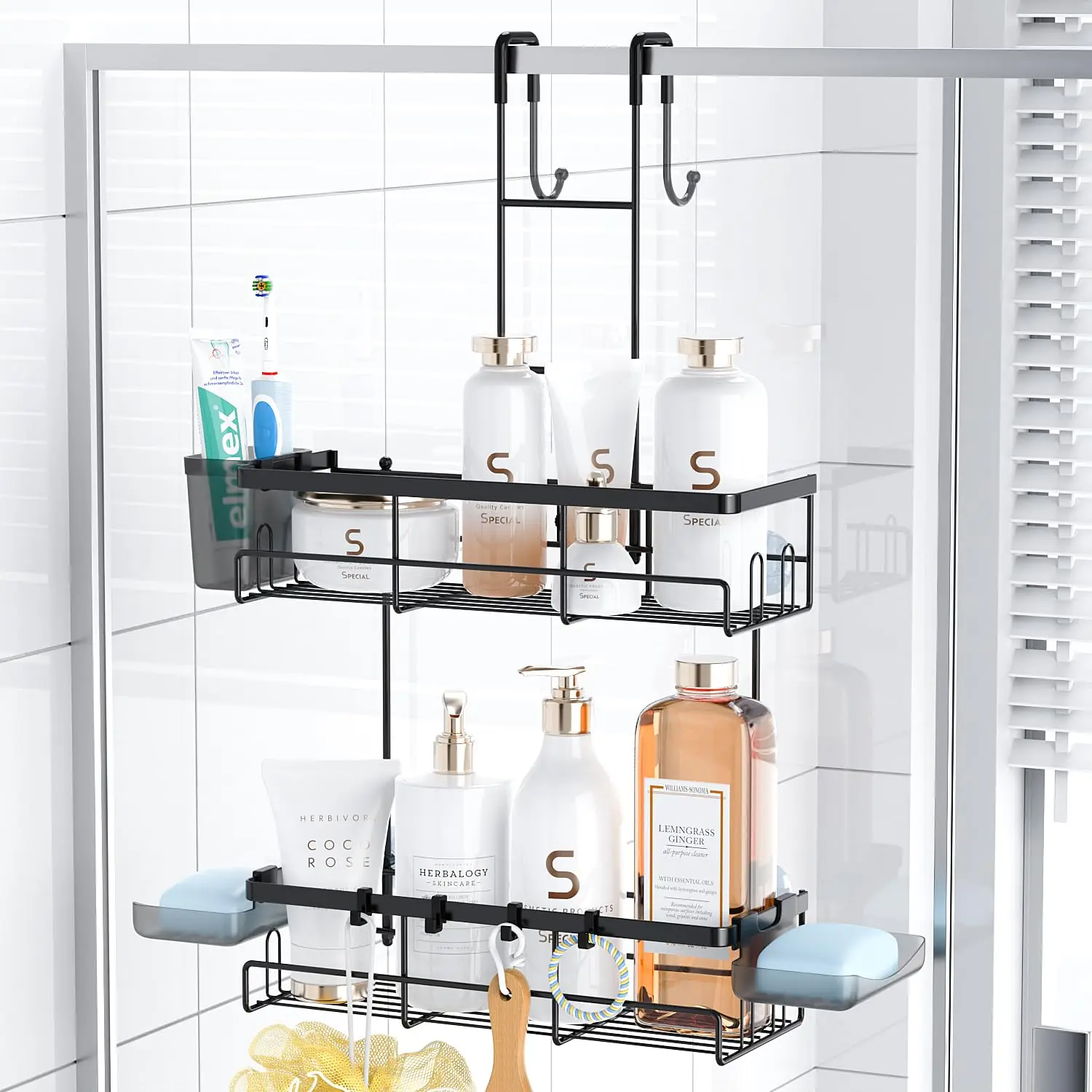 Shower Caddy Adhesive, No Drill Bathroom Shower Organizers, with Removable Hooks, Rust Proof Shower Shelves, Wall-Mounted Shower Holder