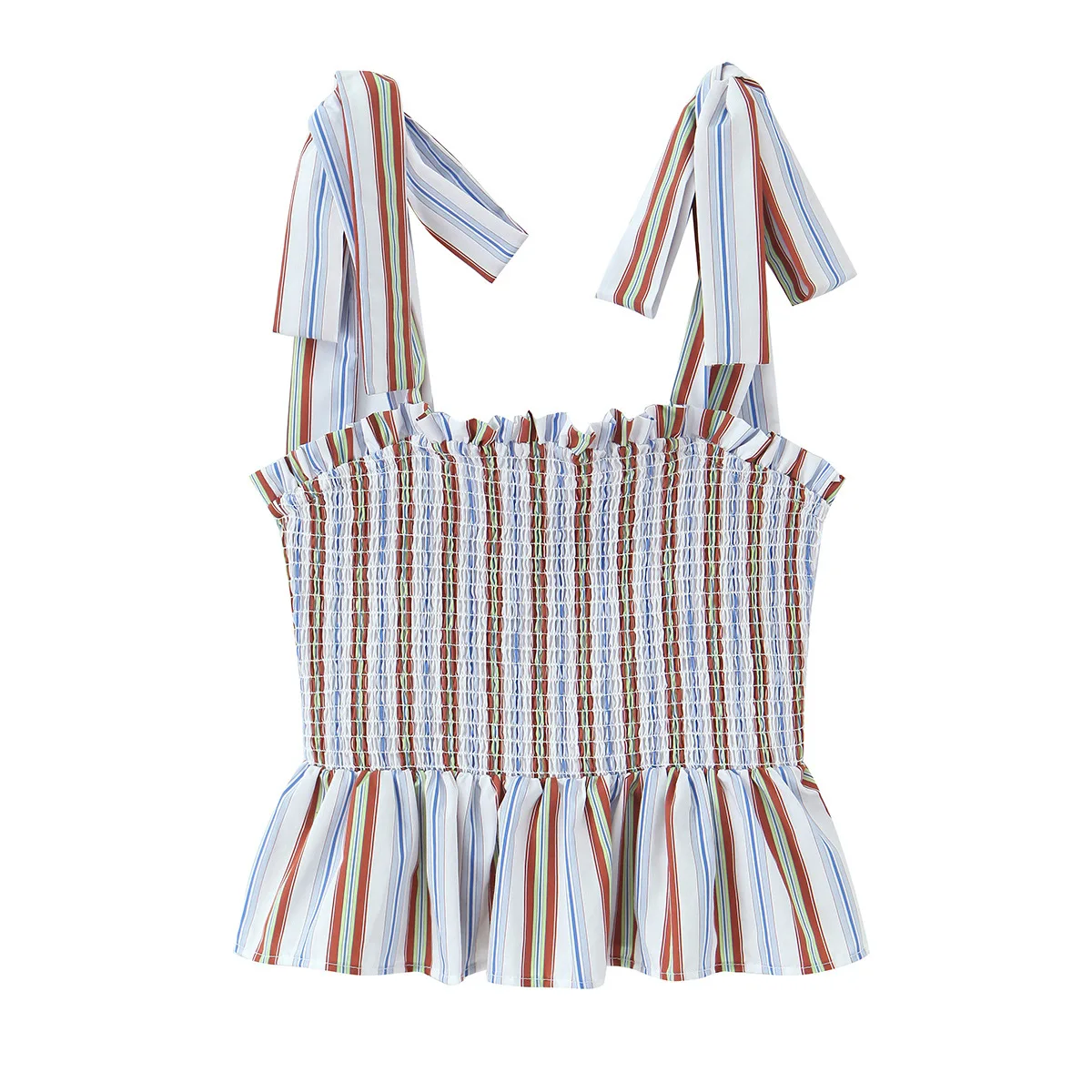 Women Multicolor Striped Tie Strap Smocked Camisole Top Ruffled Hem Square Neck Casual Top For Daily And Vacation Wear H14E