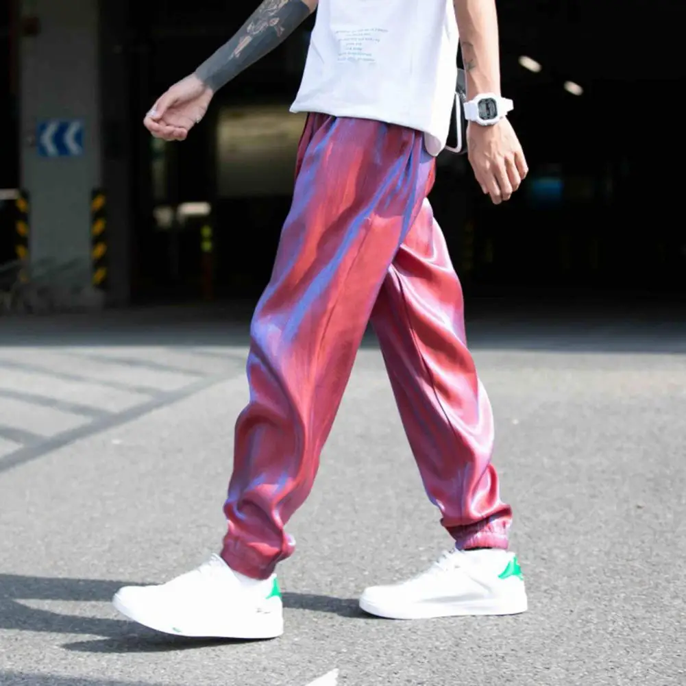 

Ice Silk Men Sweatpants Bright Surface Colored Haren Pants Hip Hop Loose Trousers Spring Drawstring Elastic Waist Cargo Pants