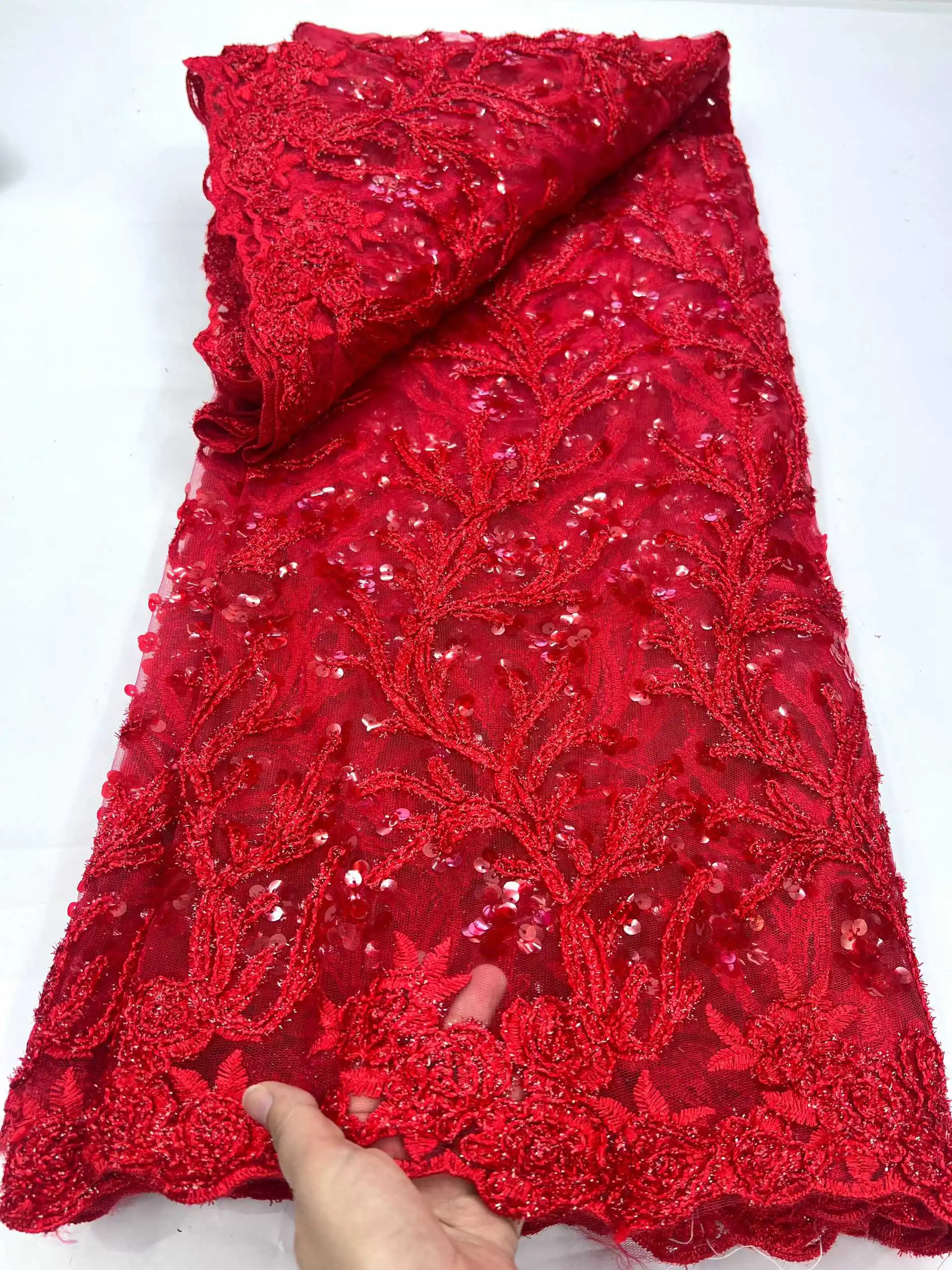 

Latest 2025 African Nigerian France Hot Sale Tulle Lace Fabric With Beads Sequins High End for Bride Wedding Party Sew Dresses