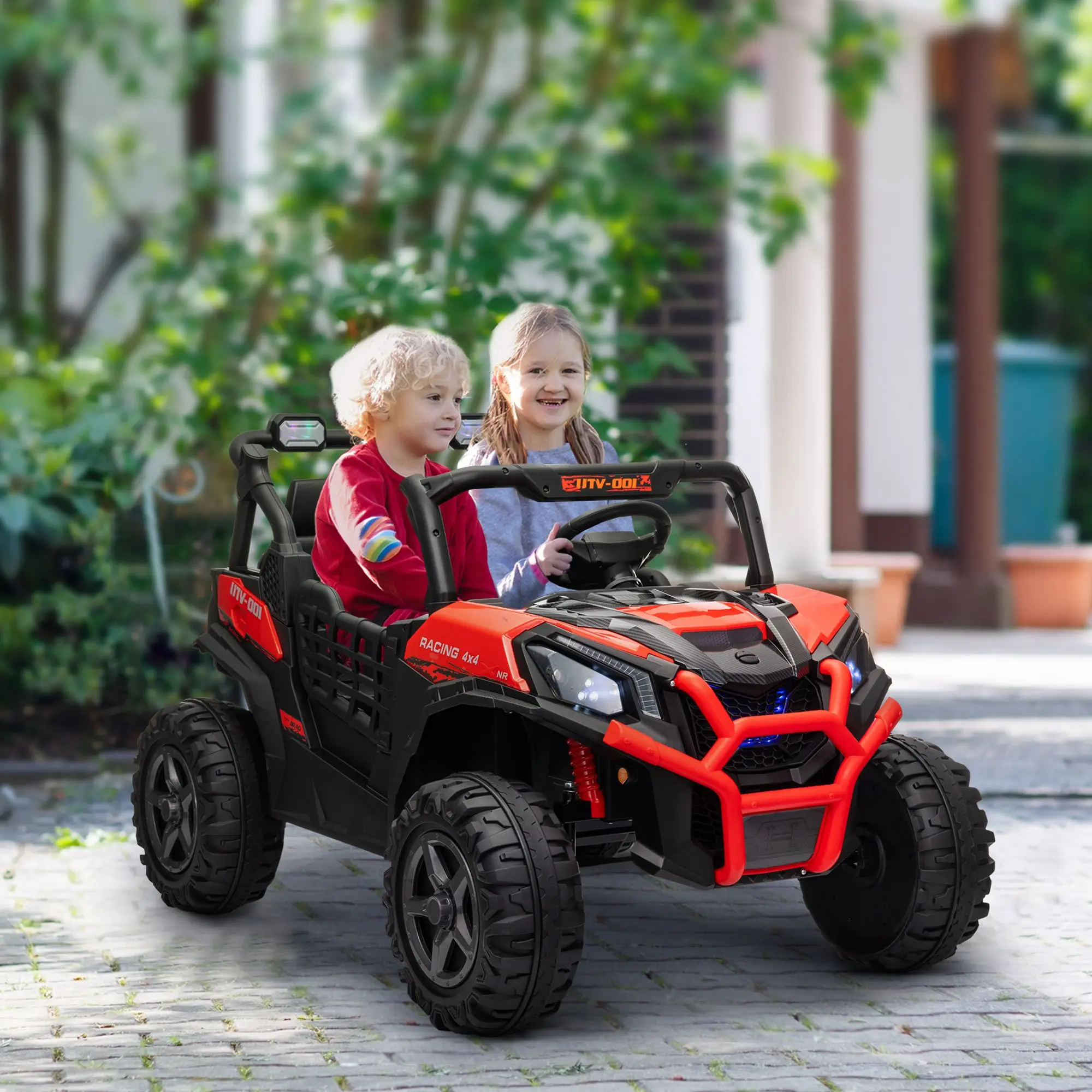 3 Speed, Slow Start, LED Lights, Music, Horn, Spring Suspension for 3-8 Years, Red Qaba 2 Seater Electric Car for Kids,