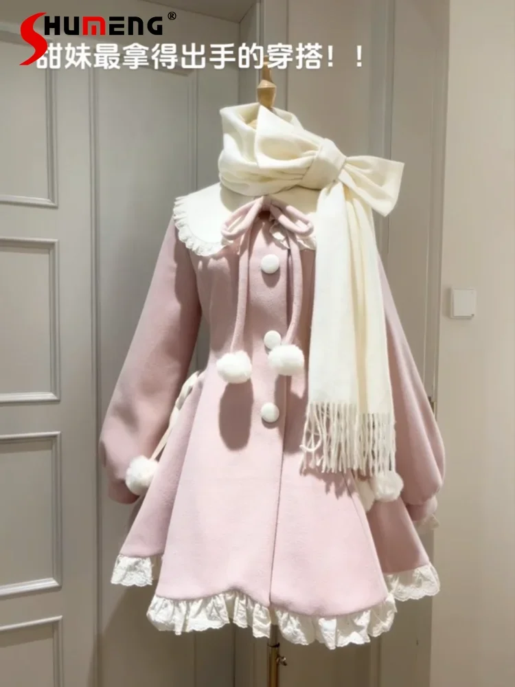 Japanese Sweet Soft Girl Lolita Woolen Coats Splicing Doll Collar Lace-up Bow Single-breasted Slim A-line Long Coat Women Winter