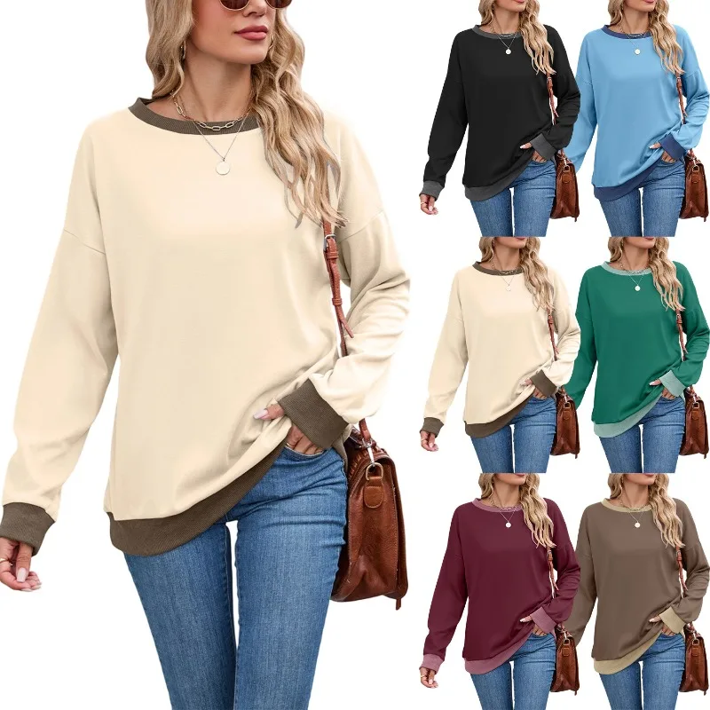 

Women's Color Block Ribbed Sweatshirt-Oversize Casual Long Sleeve Crewneck Top Streetwear Fashion Loose Fit Pullover for Women