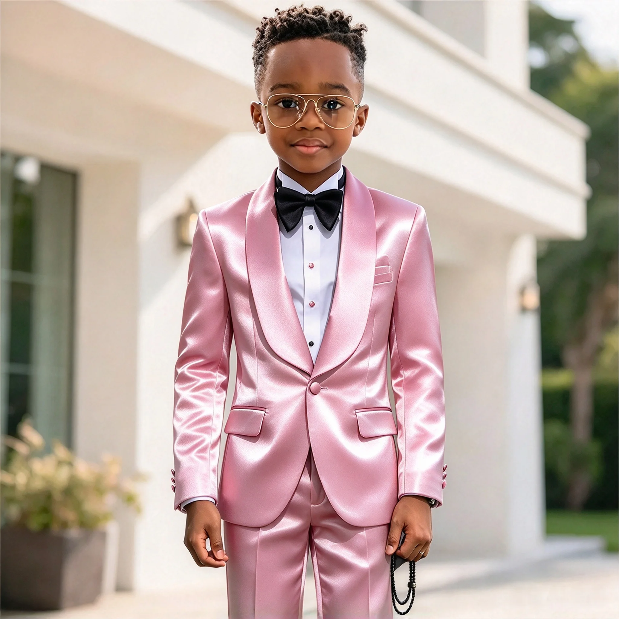 Pink Satin Boy Suits 2 Pieces Sets Shawl Lapel One Button Blazer Pants Formal Prom Kids Wedding Tuxedos Party Wear Outfit