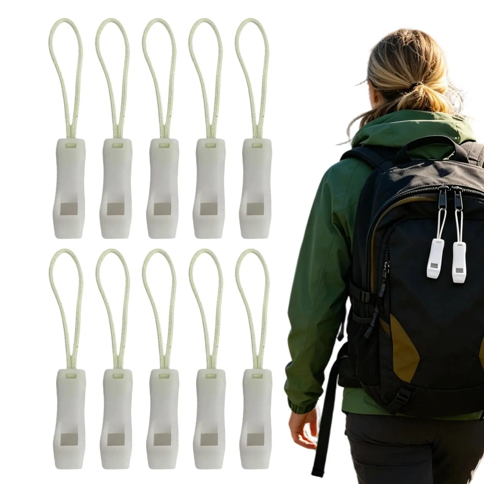 10Pcs Glowing Zipper Pull Hiking Whistle Loud Safety Survival Tool for Camping Hiking Kayaking Fishing Boating Travel Outdoor