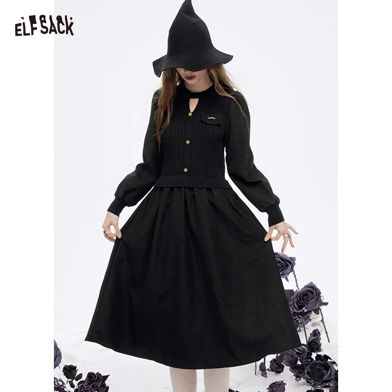 

ELFSACK 2025 Winter New Arrivals Elegant Solid Button Cutout Flared Tea Dress For Women
