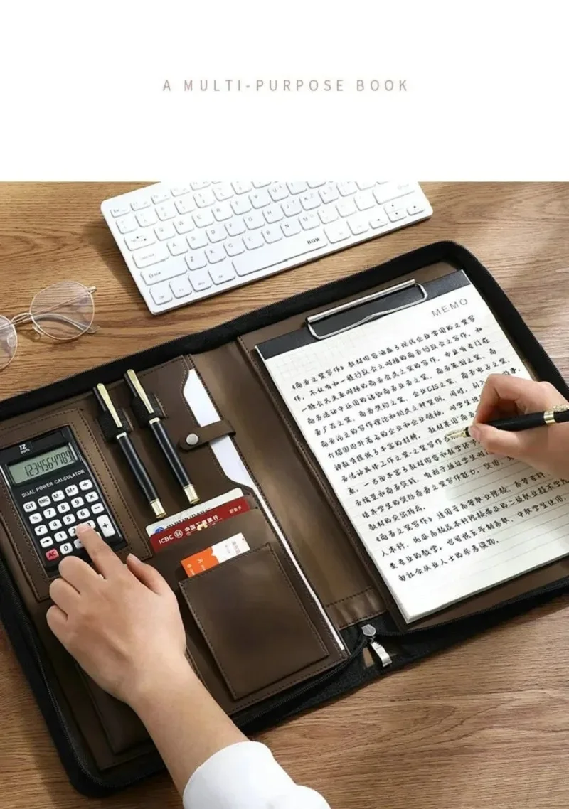 A4 Conference Padfolio Portfolio Folder Leather Contract File Folders for document Man Executive Briefcase Zippered Calculator