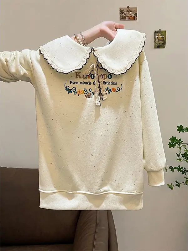 plus Size 300 Pou Hoodie Women's Long Thiened Fce Collar Warm Sli Top for Autumn And Winter Korean Sle Print