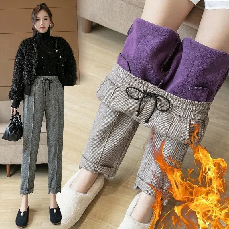 

Woolen Pants Women Winter New Korean Versatile Fashion Casual Small Leg Female Large Size Thick Warm Harun Trousers Z342