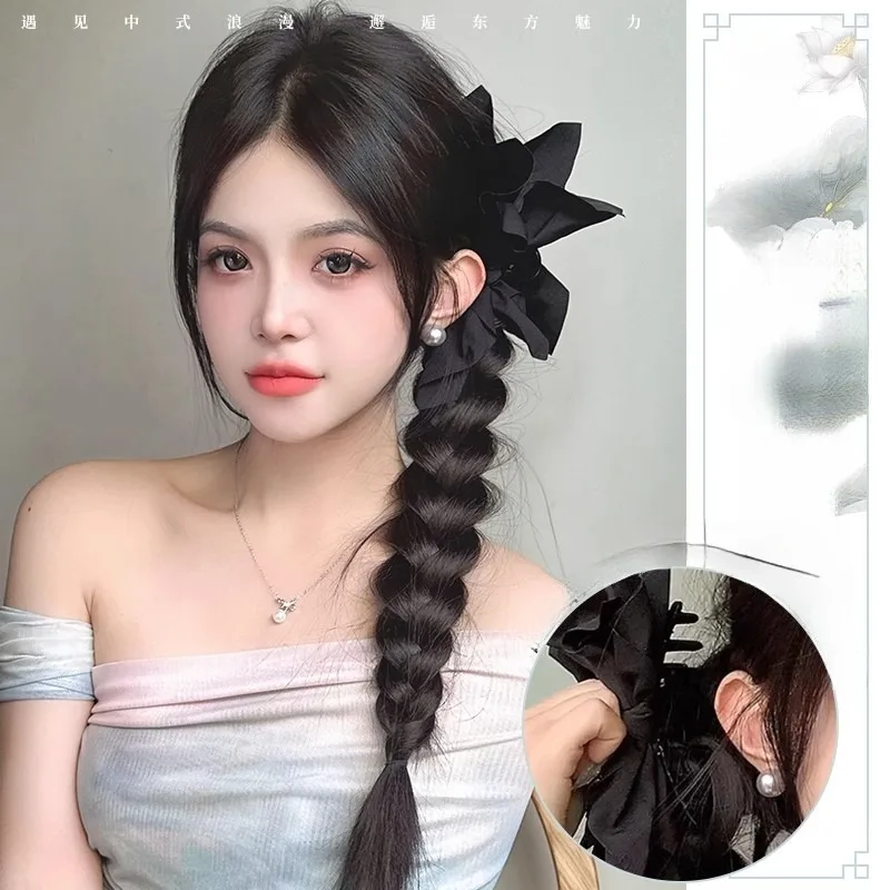 الجانب التعادل الاصطناعية خصلات شعر مضيئة مع الأسود فراشة عقدة مقاطع كسول مخلب كليب مضفر ذيل حصان شعر مستعار هيربيسي #5