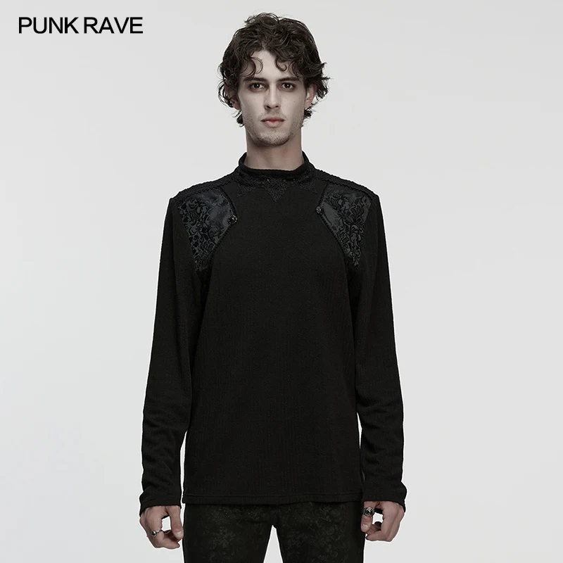 

PUNK RAVE Мужская готическая полосатая вязаная минималистичная свободная жаккардовая футболка с декоративными лямками и пуговицами, персонализированные повседневные темные топы