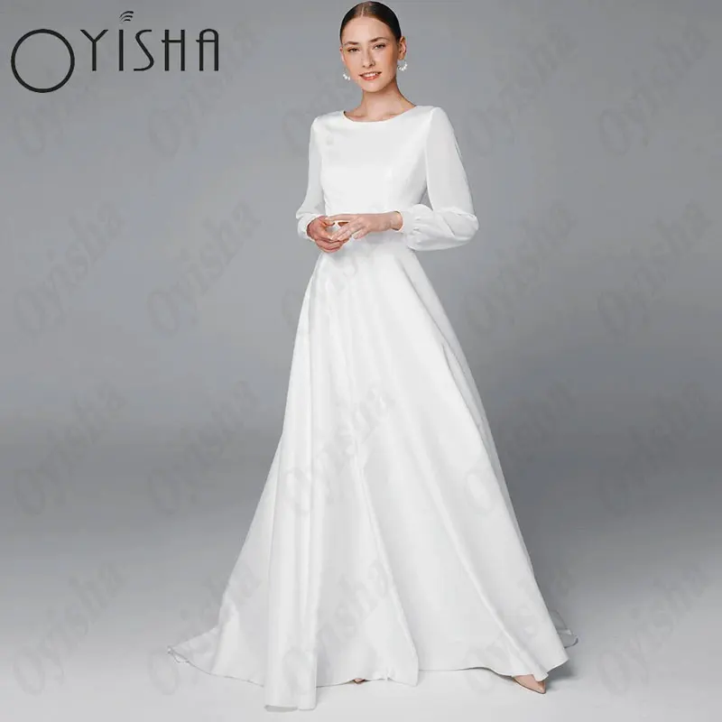 

OYISHA Puff Sleeves A-Line Muslim Wedding Dresses Classic Satin O-Neck Bridal Gowns For Woman Simple Elegant Vestido De Mariages