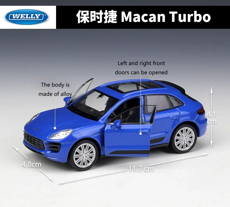 WELLY 1:36 Porsche Macan Turbo Simulator Pull Back Car SUV Scale Model Car Metal Diecast Alloy Toy Car For Kids Gift B17