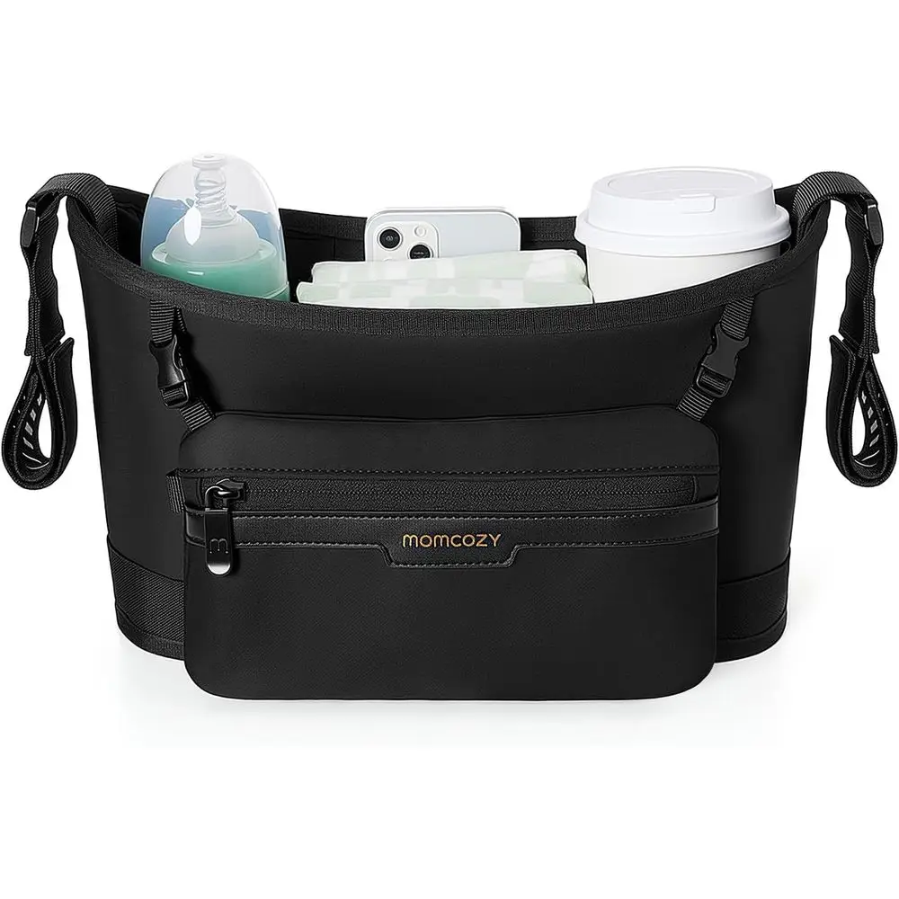 Slim Stroller Organizer with 2 Insulated Cup Holders, Non-Slip Silicone Straps, Detachable Mini Pouch, Dense-Weave Parent or UPP