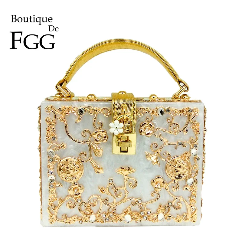 Boutique De FGG Women Fashion Flower Shoulder Bags Acrylic Box Clutch Tottes Purses and Handbags Luxury Designer Crossbody Bag