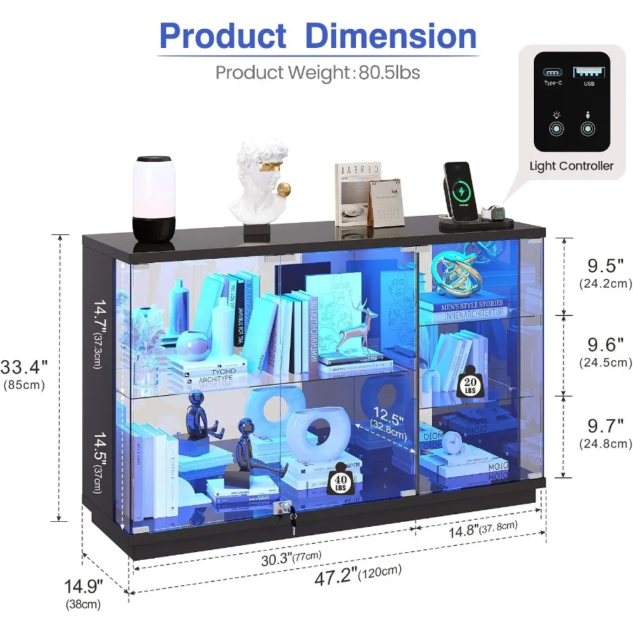 5-Tier Display Cabinet for Retail Use, Black Metal Frame with Tempered Glass Doors, RGB Color-Changing LED Lights, Space-Saving