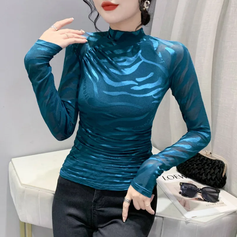 

#8099 Hlaf High Collar Mesh T Shirt Women Thin Tight T-Shirt Femme Sexy Thin Stretch Perspective Tee Shirt Femme Slim Black Blue