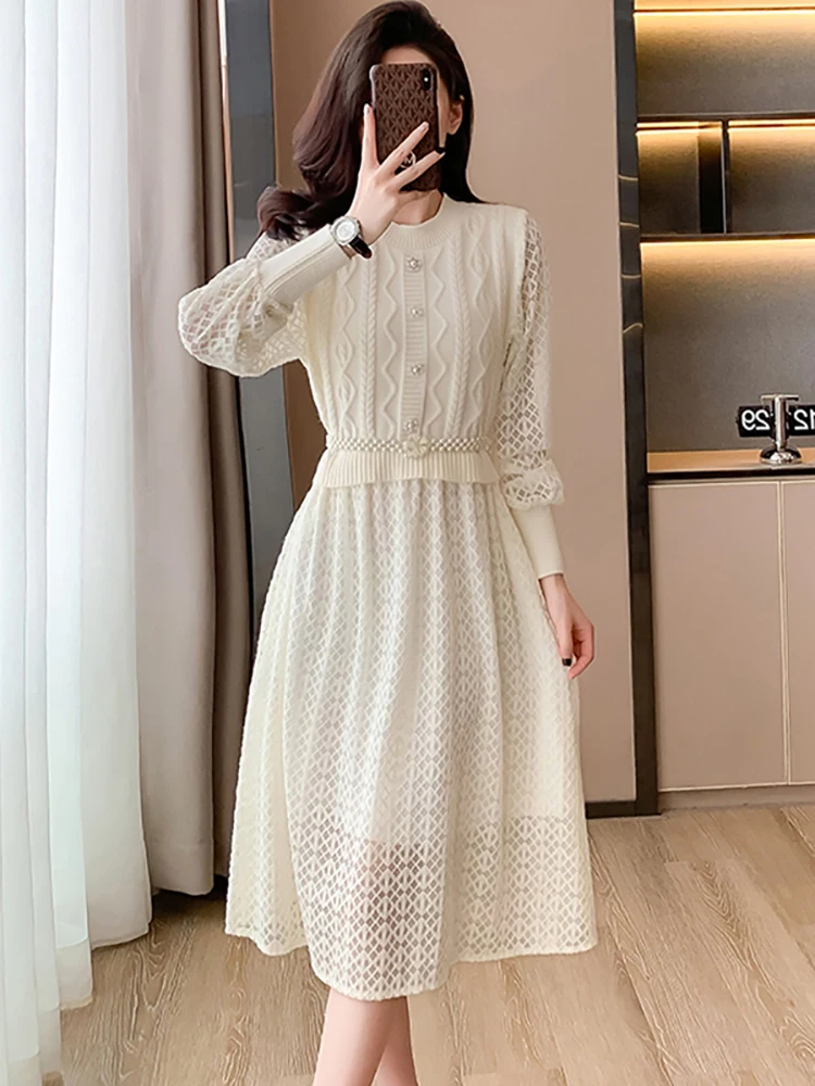 Autumn Winter Black Knitted Patchwork Lace Midi Dress Women Fashion Chic Hook Flower Sweater Dress 2024 Korean Elegant Vestidos