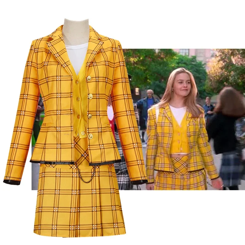 Leading The Way Chery Horowitz's Cosplay Outfit Yellow Checkered Suit Dress Uniform Movie Style Cosplay Cher Horowitz Clothes