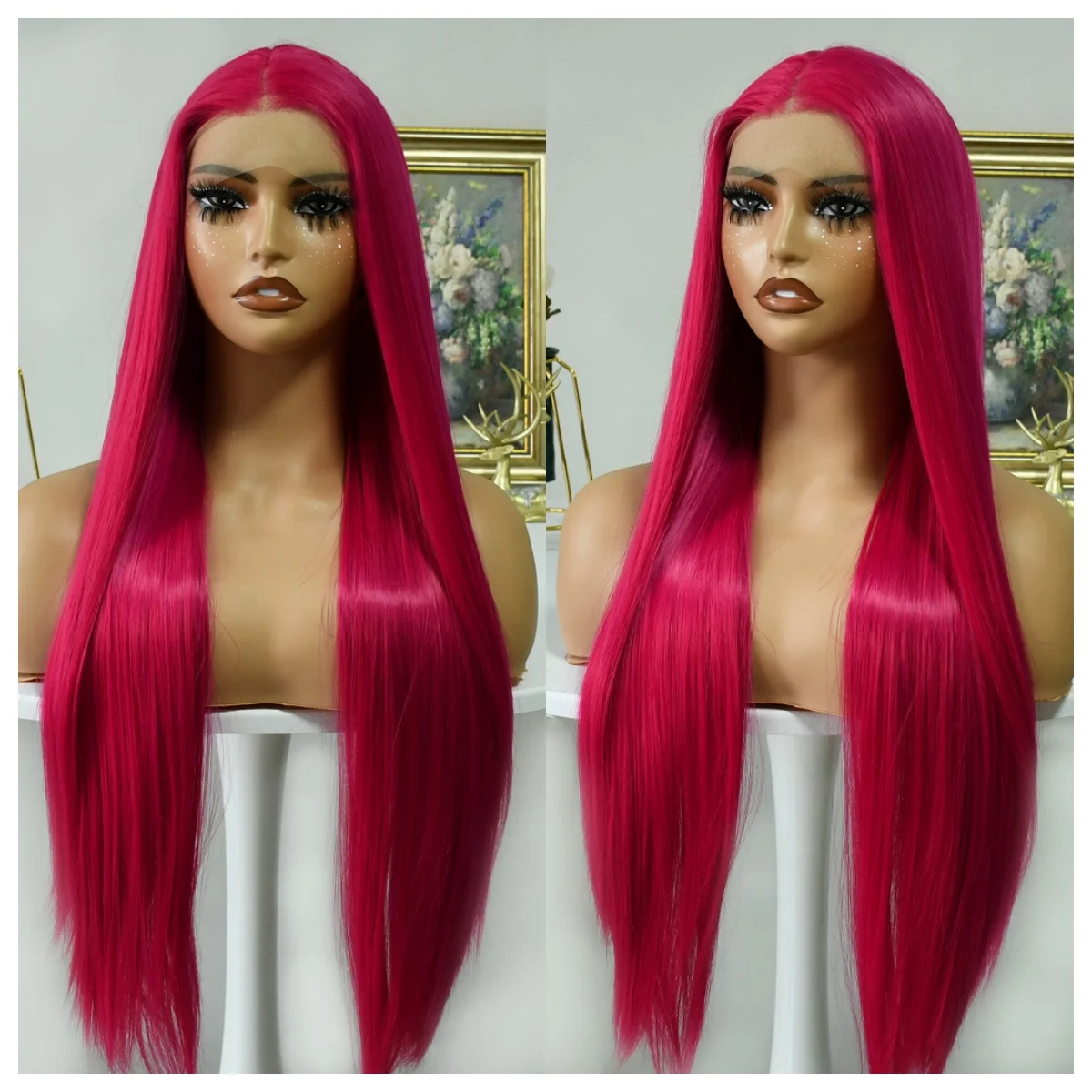 

Rose Pink Straight Synthetic Lace Wig Glueless Wigs For Women Natural Hairline Daily Wear Long Pink Wig Cosplay Part Front Hair