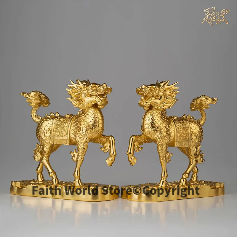 A PAIR high grade HOME GOOD LUCK Mascot Bring wealth money 24K gold-plated ROYAL Dragon QI LIN Auspicious brass Sculpture Statue