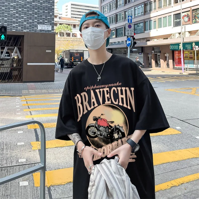 

Мужская хлопковая футболка с высокой плотностью ткани, модная, брендовая, в стиле High Street, с коротким рукавом, летняя, плотная, свободного кроя