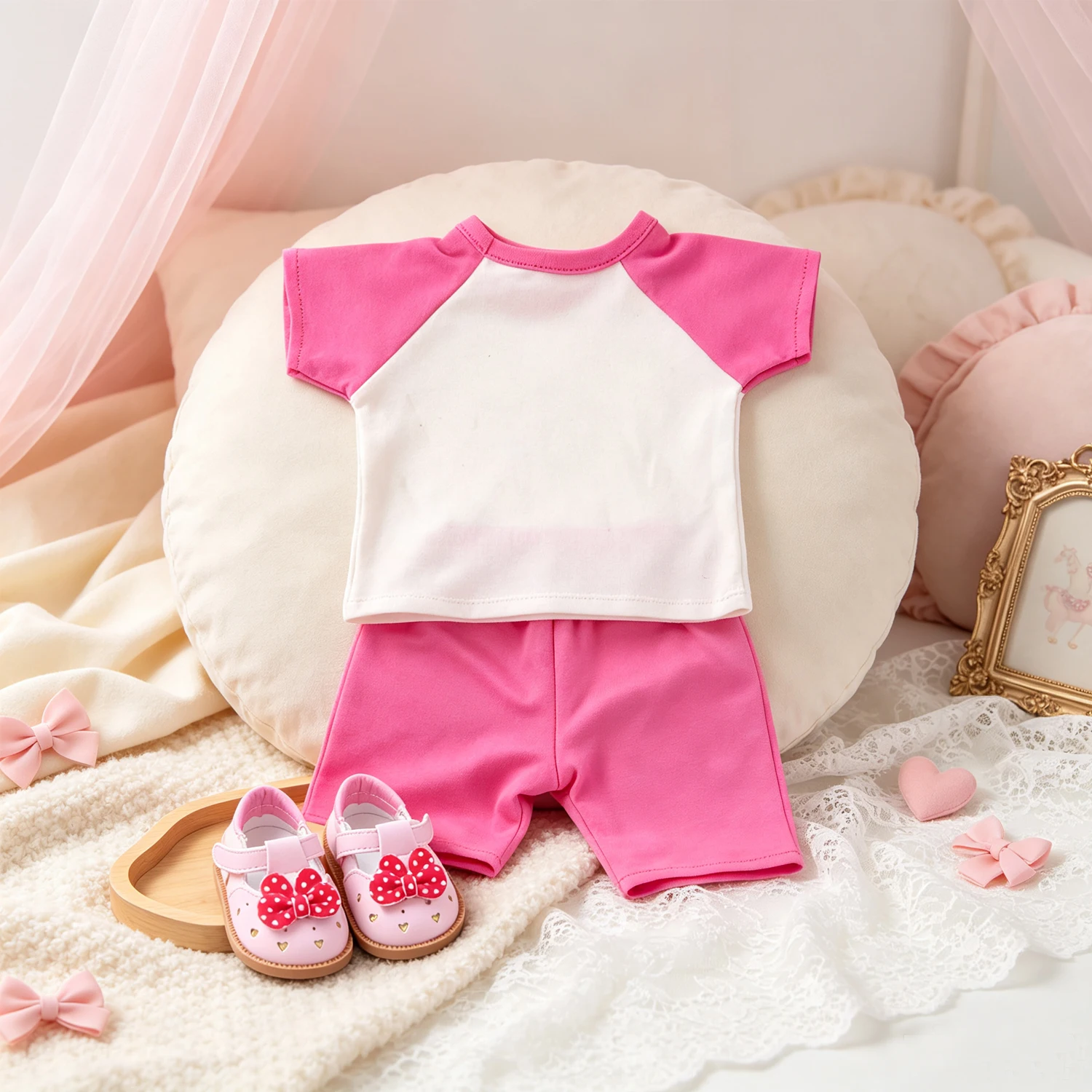 18 Inch American Doll Clothes Set Pink White T-shirt+ Shorts + Bow Shoes Outfit Accessories For 43cm Baby Newborn & OG Girl Doll