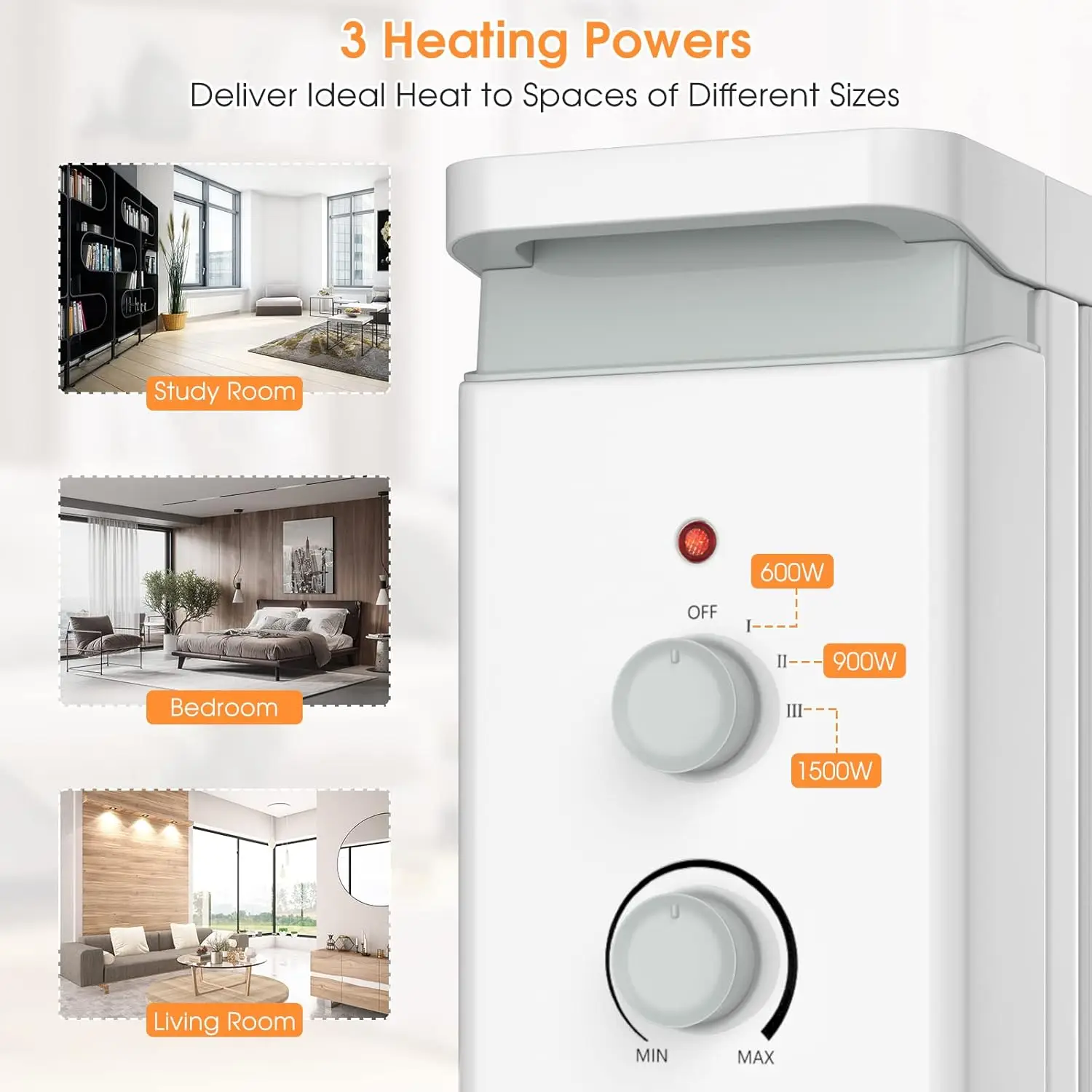 Oil Filled Radiator Heater, 1500W Portable Space Heater with 3 Heat Setting, Built-in Thermostat and Humidification Box