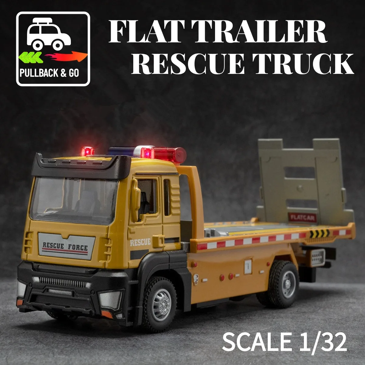 

Flat Trailer Rescue Truck Scale 1:32 Pullback Car Toy with Lights Engine Sound, Metal Diecast Car Model Gift Kid Boy Toy