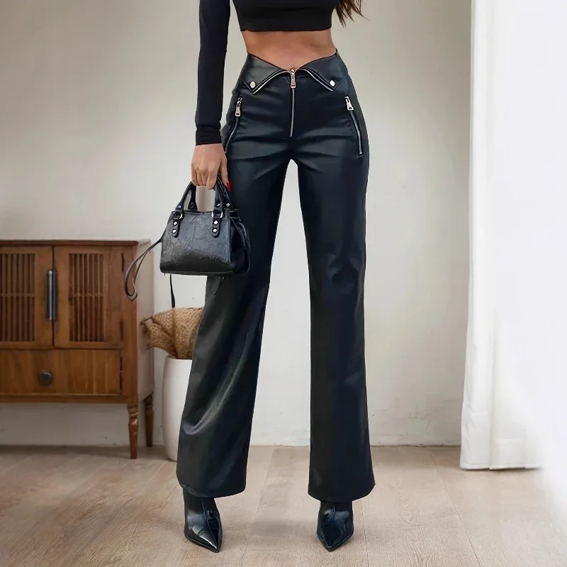 

Women Pu Leather High Waist Pants Nightclubs Metal Zipper Straight Leather Pants Autumn Winter New Y2K Punk Grunge Irrgegular