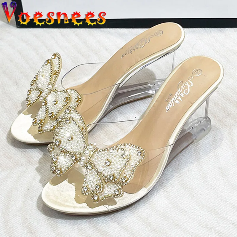 Pearl Women Pumps Crystal Butterfly High Heels Wedges Slipper Sexy Summer Party Wedding Sandals Brand Fashion Transparent Shoes