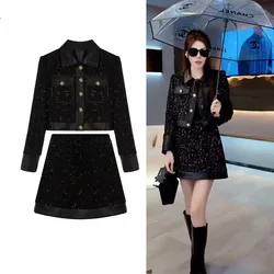 2024 Autumn Winter Women 2 Piece Set Luxury High End Fashion Vintage Tweed Sequined Pu Patchwork Jacket Coat+Mini Skirts Sets